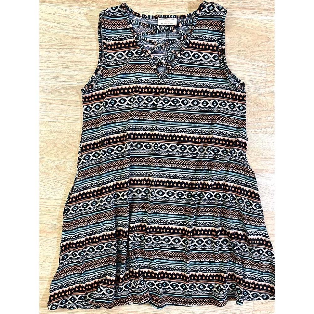 Bobbie Brooks Comfy Sun Dress Tribal Print V Neck